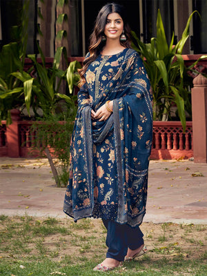 Dark Blue Crepe Printed And Embroidered Dress Material - Rajwada