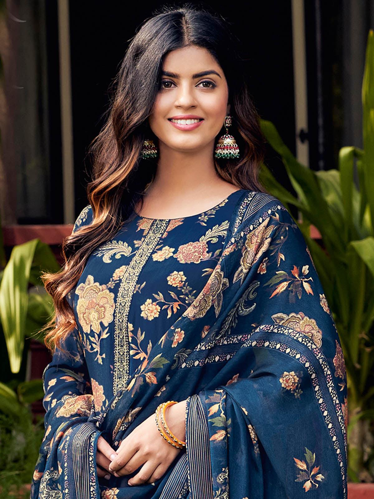 Dark Blue Crepe Printed And Embroidered Dress Material - Rajwada