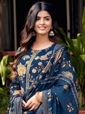 Dark Blue Crepe Printed And Embroidered Dress Material - Rajwada