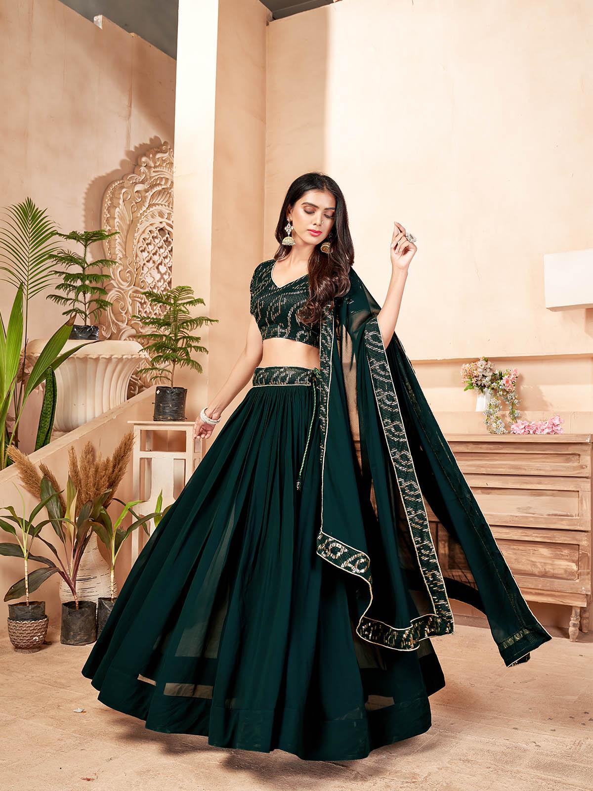 Dark Green Faux Georgette Lehenga Set - Rajwada