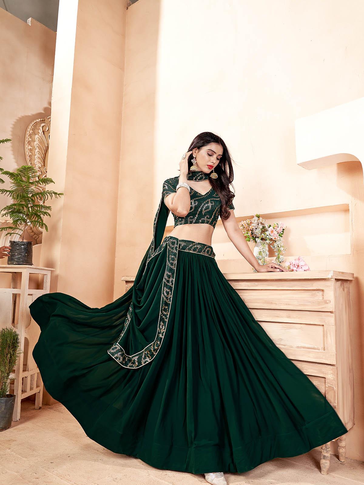 Dark Green Faux Georgette Lehenga Set - Rajwada