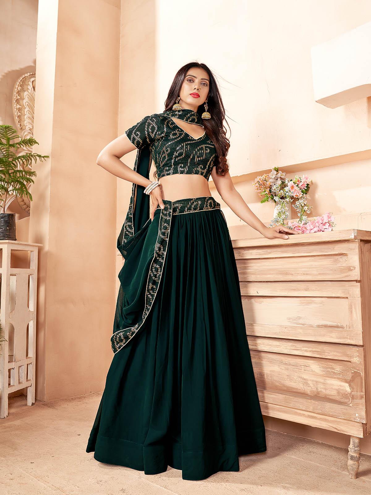 Dark Green Faux Georgette Lehenga Set - Rajwada