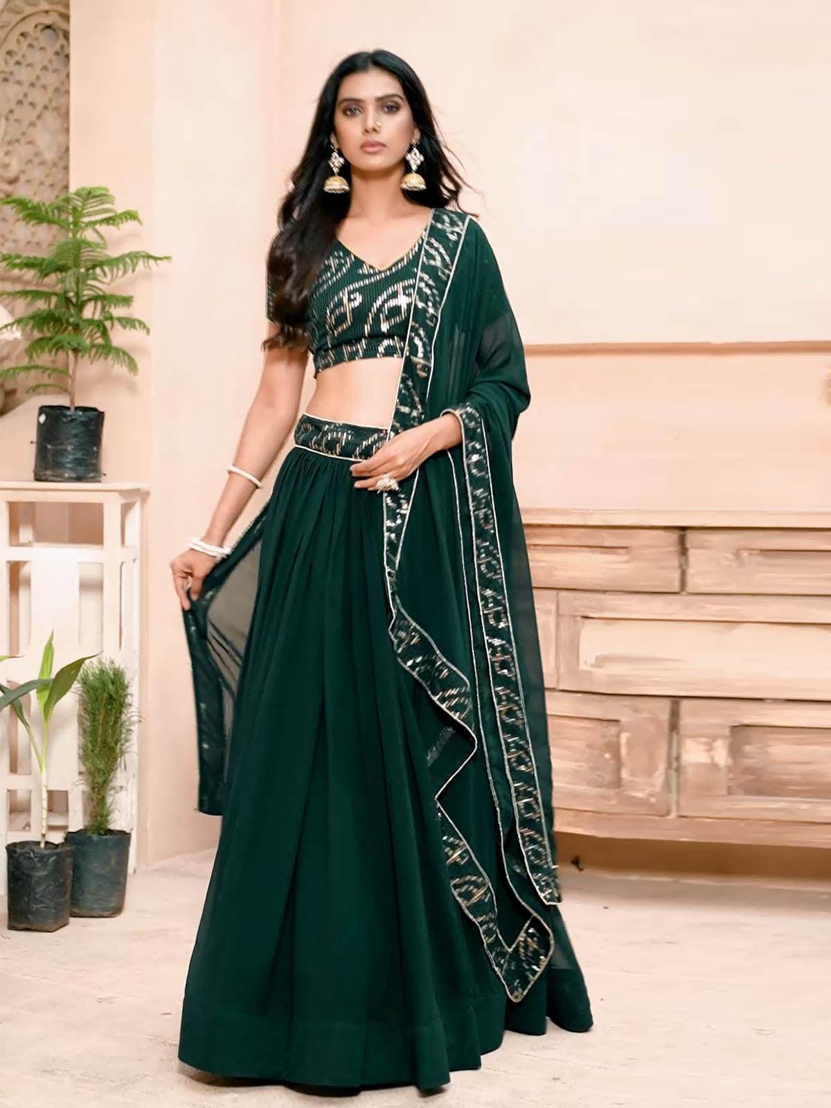 Dark Green Faux Georgette Lehenga Set - Rajwada