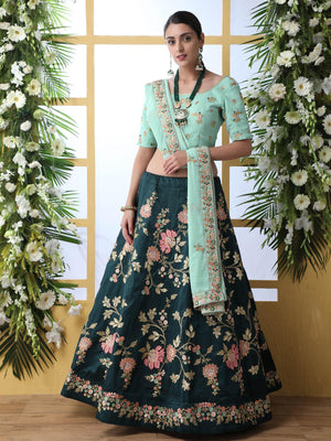Dark Green Sequins Georgette Lehenga Set - Rajwada