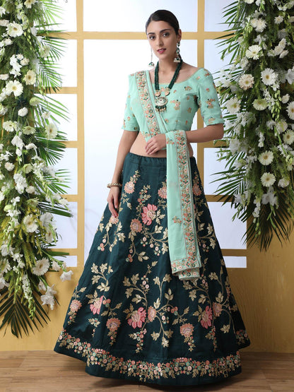Dark Green Sequins Georgette Lehenga Set - Rajwada