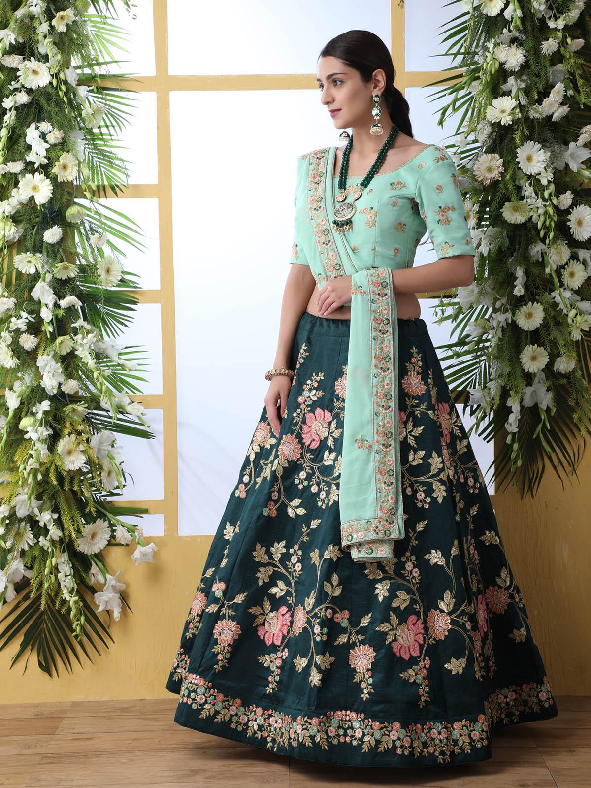 Dark Green Sequins Georgette Lehenga Set - Rajwada