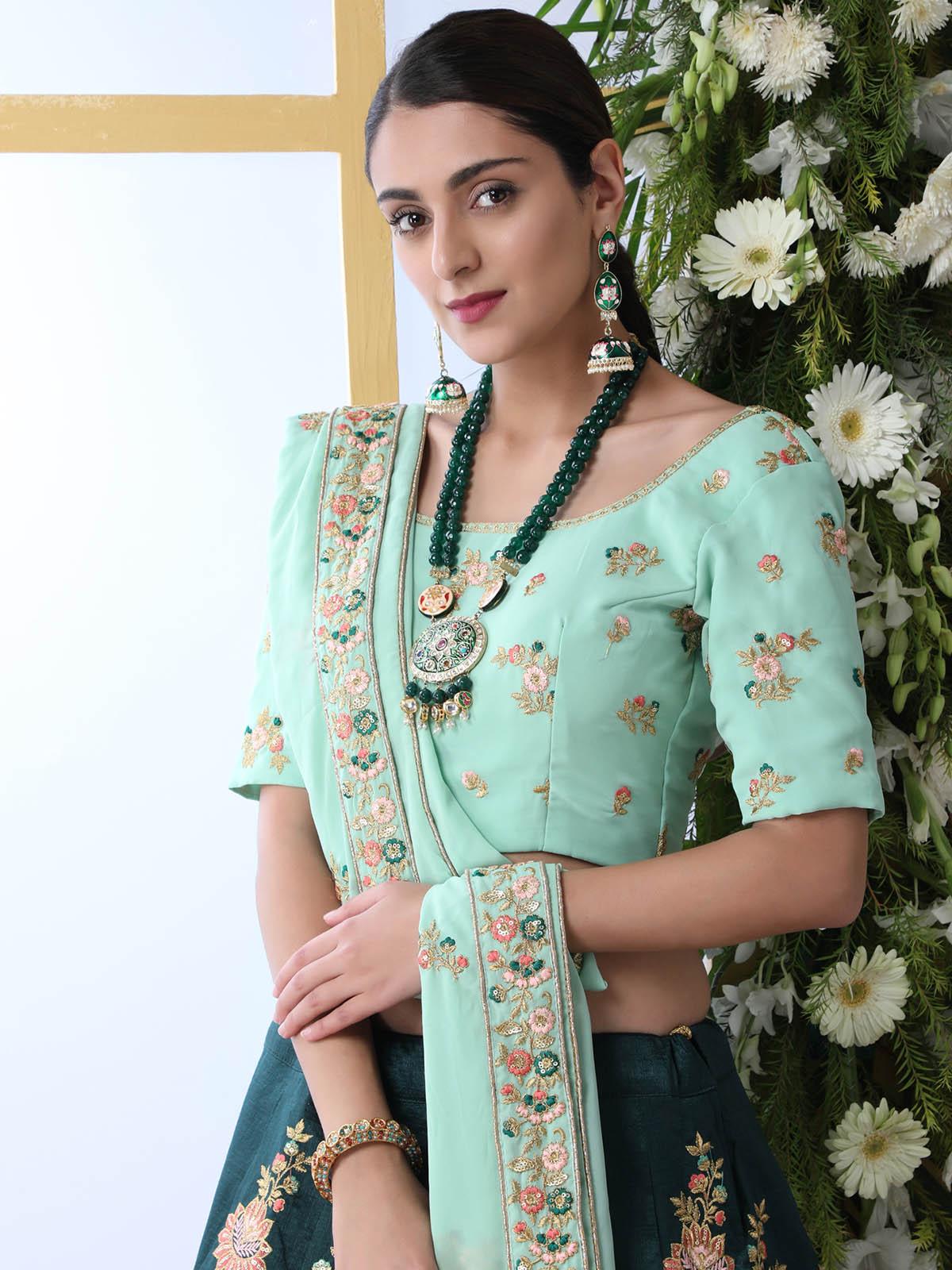 Dark Green Sequins Georgette Lehenga Set - Rajwada