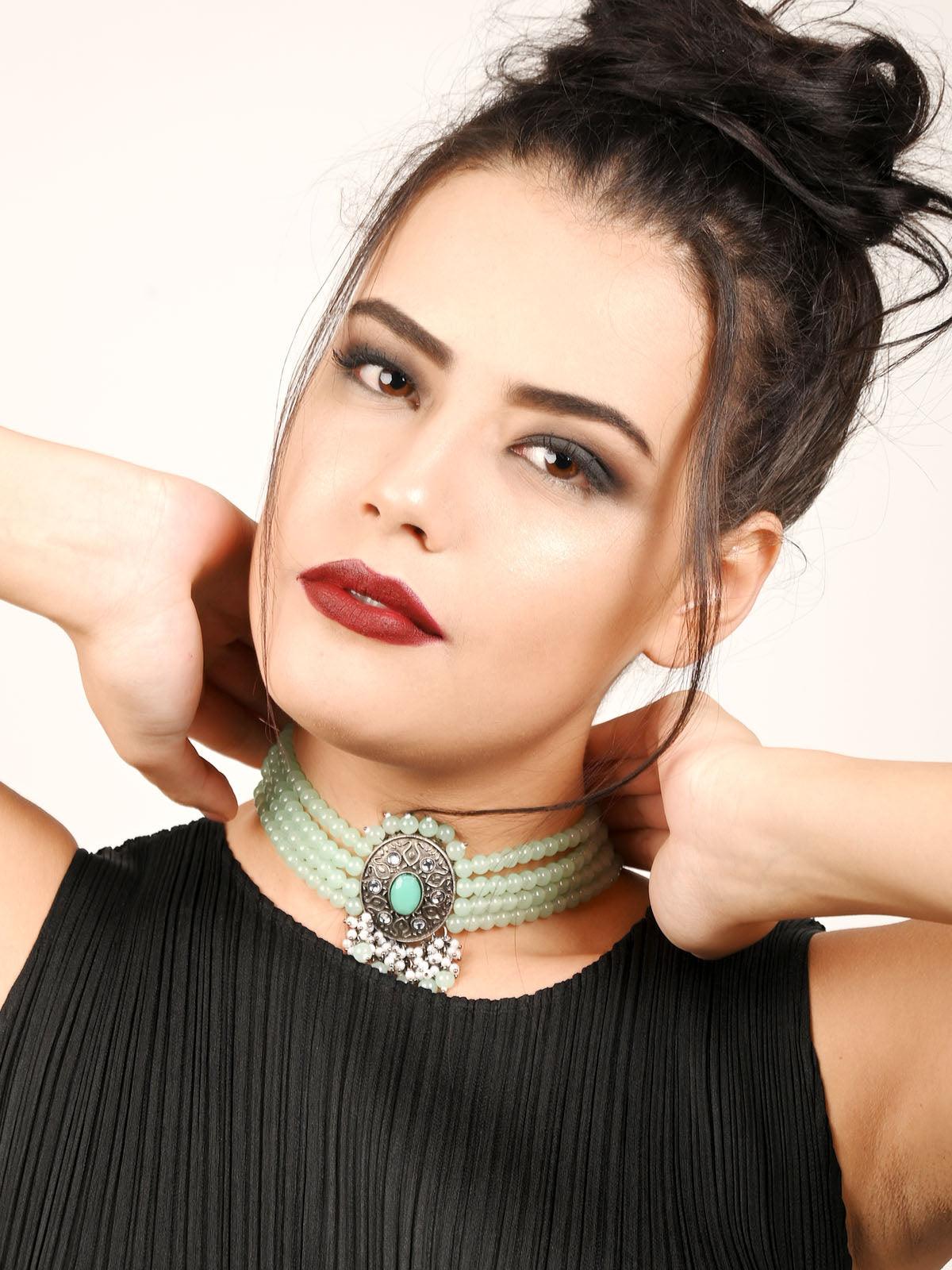 Delightful Aqua Green Crystal Choker Necklace Set - Rajwada