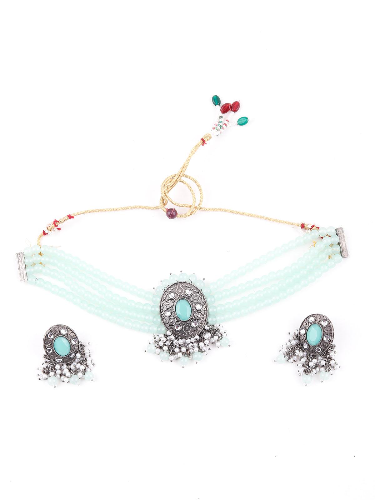 Delightful Aqua Green Crystal Choker Necklace Set - Rajwada