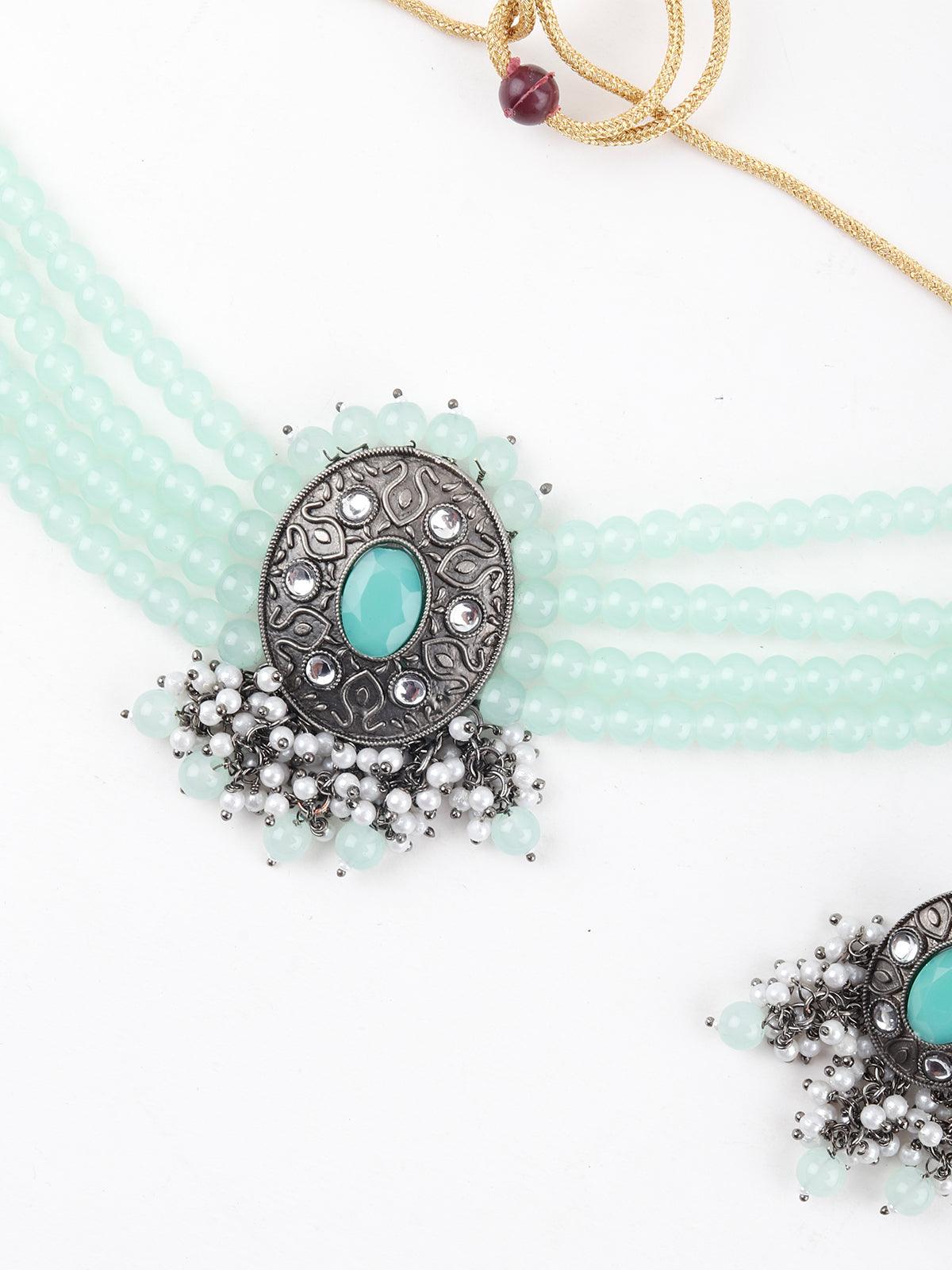 Delightful Aqua Green Crystal Choker Necklace Set - Rajwada
