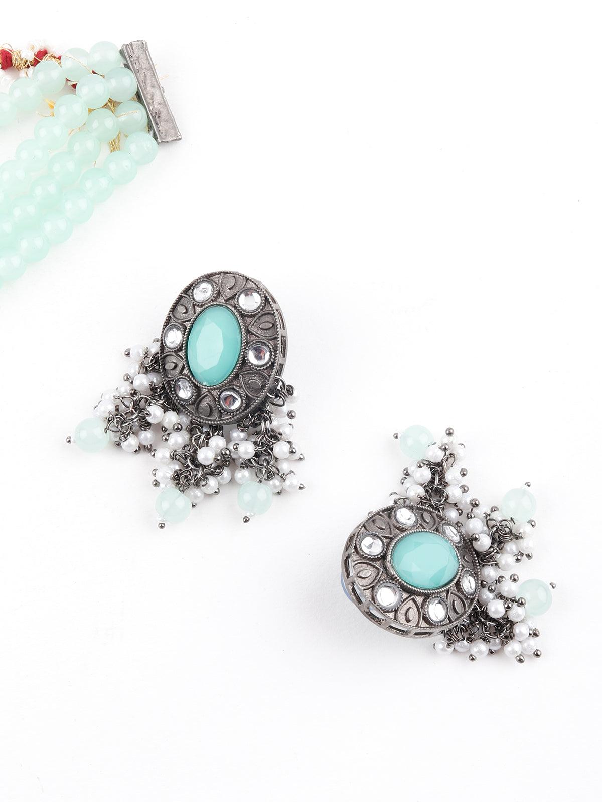 Delightful Aqua Green Crystal Choker Necklace Set - Rajwada