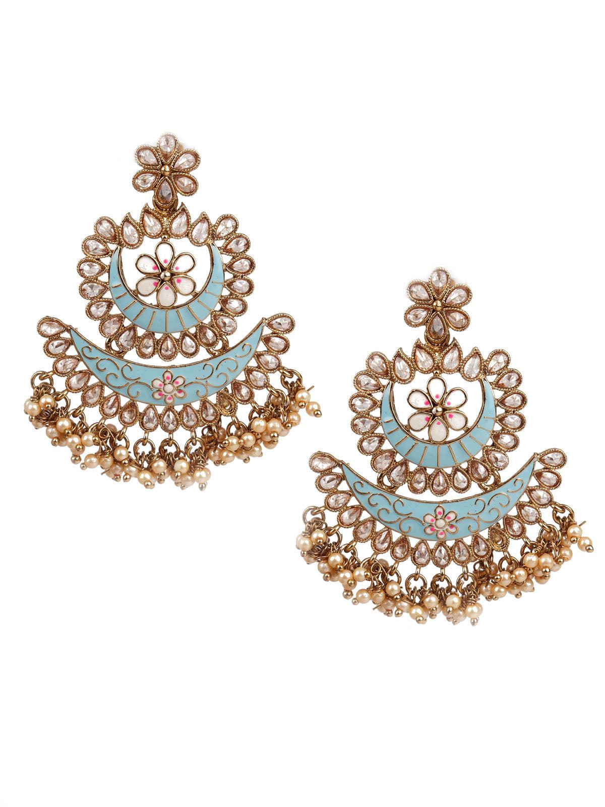 DESIGNER BLUE AND GOLD LAYERED CHANDBALI EARRINGS - Rajwada