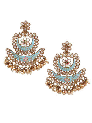 DESIGNER BLUE AND GOLD LAYERED CHANDBALI EARRINGS - Rajwada