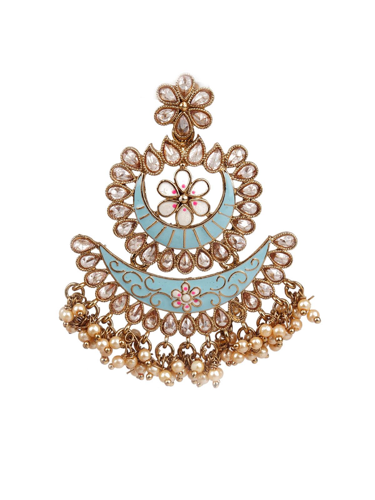 DESIGNER BLUE AND GOLD LAYERED CHANDBALI EARRINGS - Rajwada