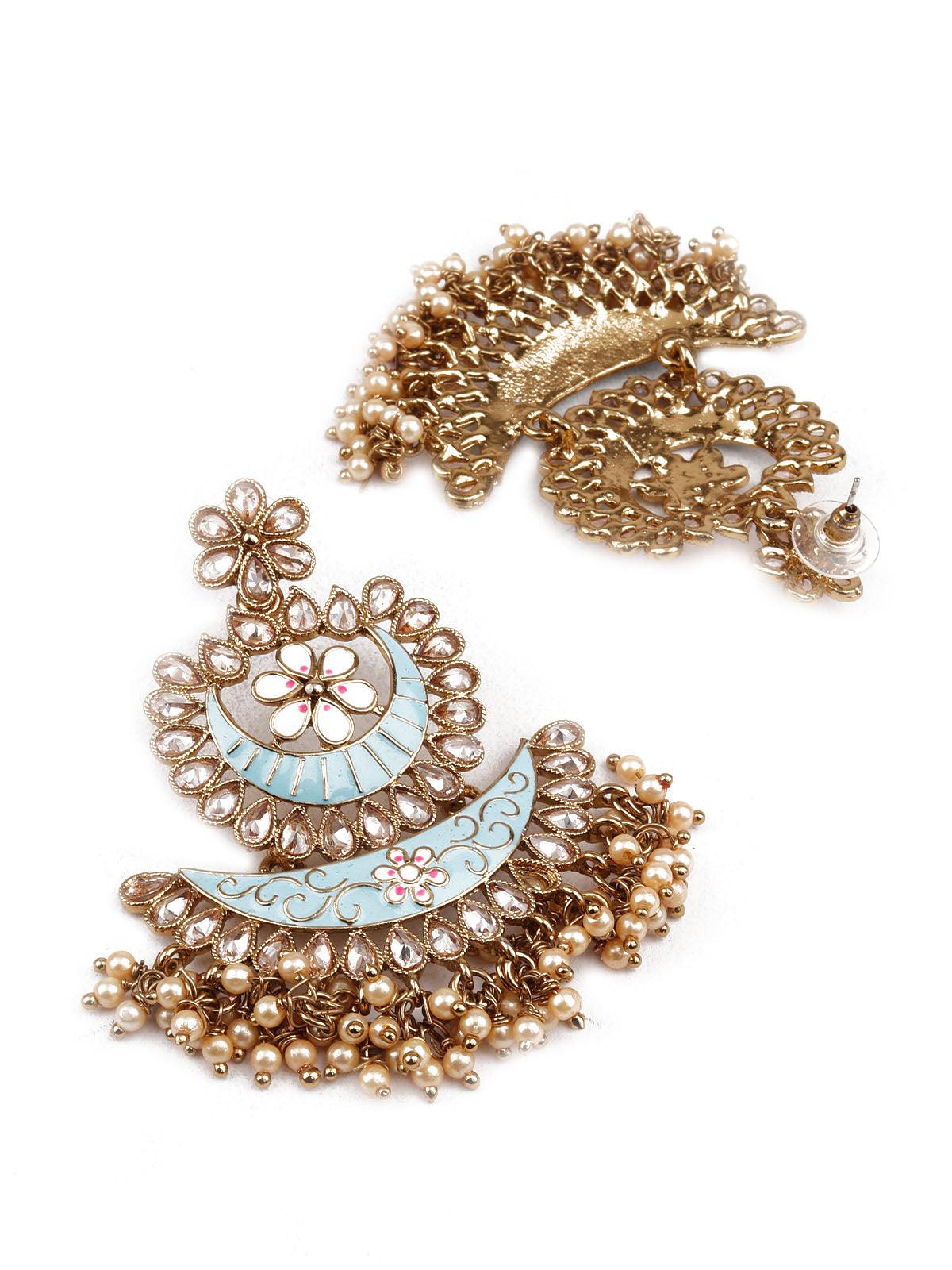 DESIGNER BLUE AND GOLD LAYERED CHANDBALI EARRINGS - Rajwada