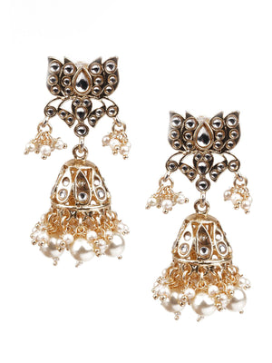 DESIGNER GOLD AND WHITE JHUMKI EARRINGS - Rajwada