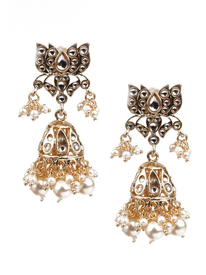 DESIGNER GOLD AND WHITE JHUMKI EARRINGS - Rajwada