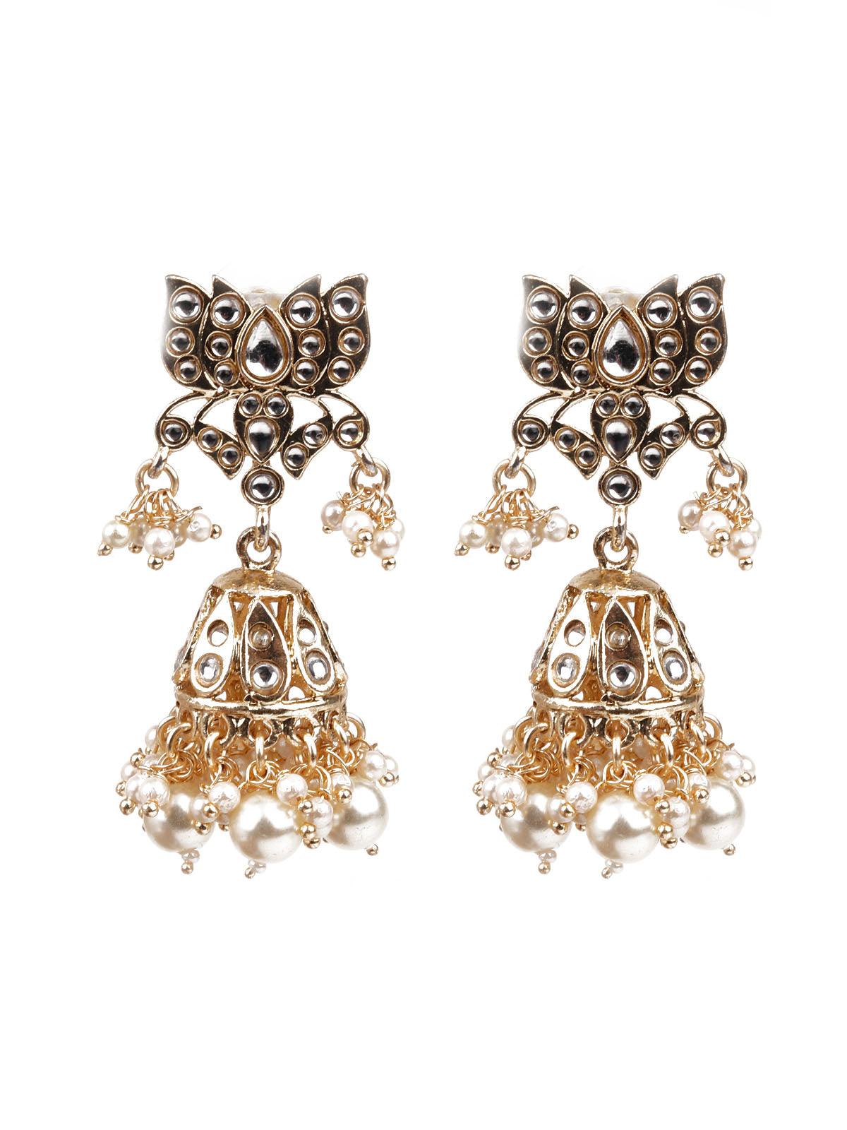 DESIGNER GOLD AND WHITE JHUMKI EARRINGS - Rajwada