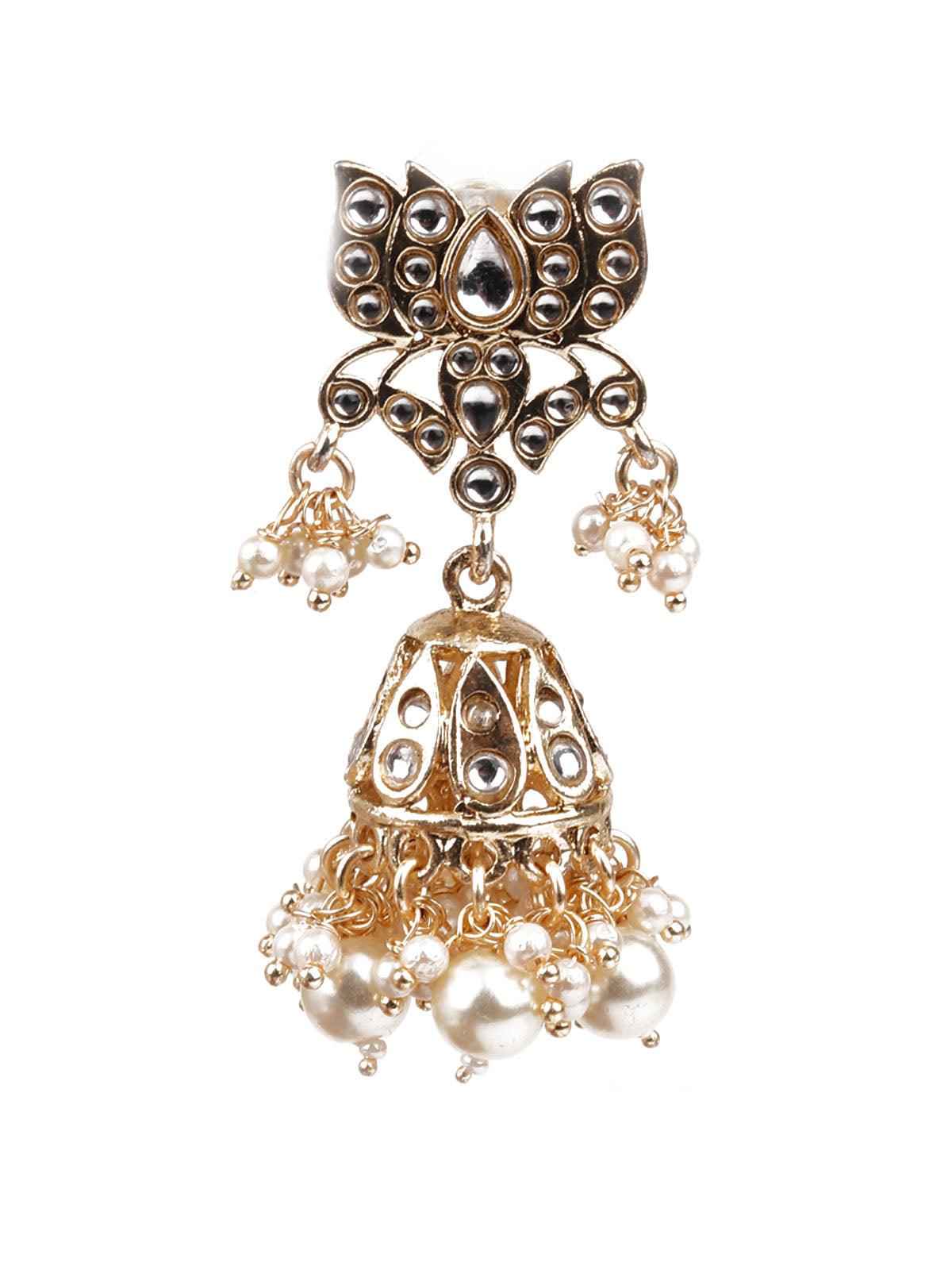 DESIGNER GOLD AND WHITE JHUMKI EARRINGS - Rajwada