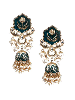 DESIGNER GREEN AND GOLD DANGLE JHUMKI EARRINGS - Rajwada