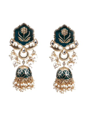 DESIGNER GREEN AND GOLD DANGLE JHUMKI EARRINGS - Rajwada