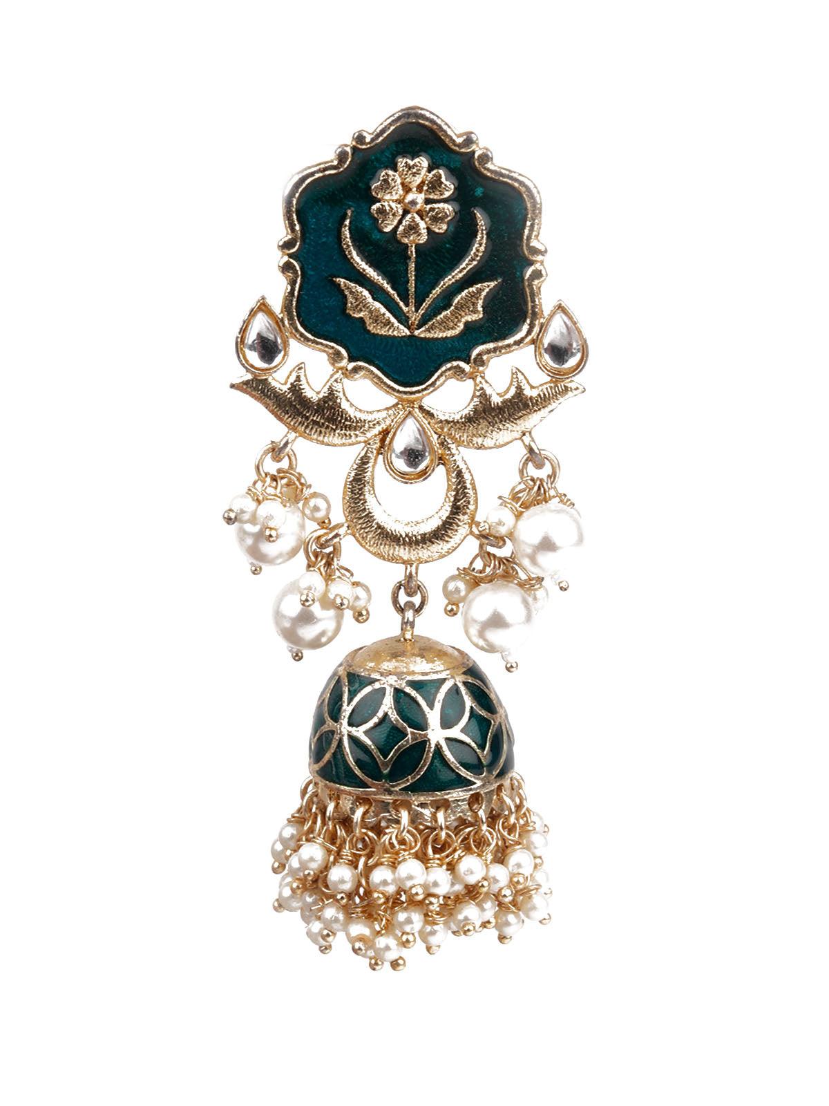 DESIGNER GREEN AND GOLD DANGLE JHUMKI EARRINGS - Rajwada