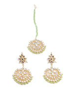 DESIGNER GREEN AND GOLD DANGLER EARRINGS AND MANGTIKA - Rajwada