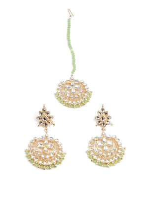 DESIGNER GREEN AND GOLD DANGLER EARRINGS AND MANGTIKA - Rajwada