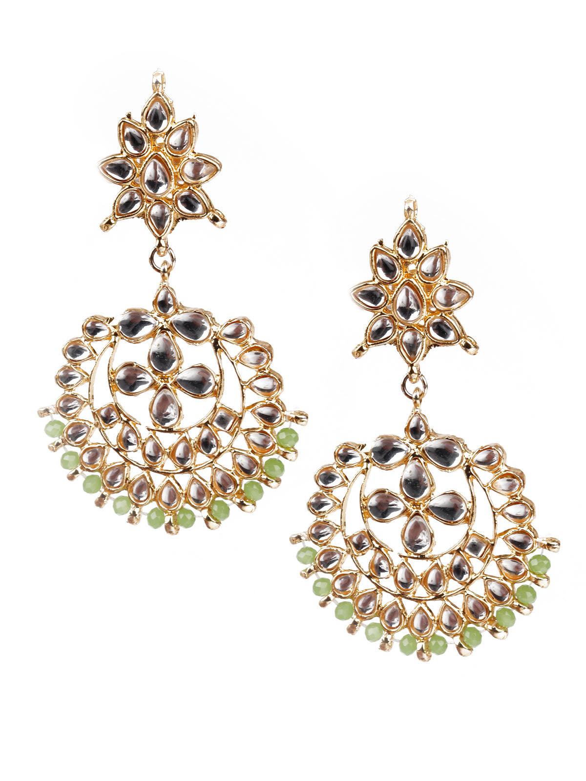 DESIGNER GREEN AND GOLD DANGLER EARRINGS AND MANGTIKA - Rajwada
