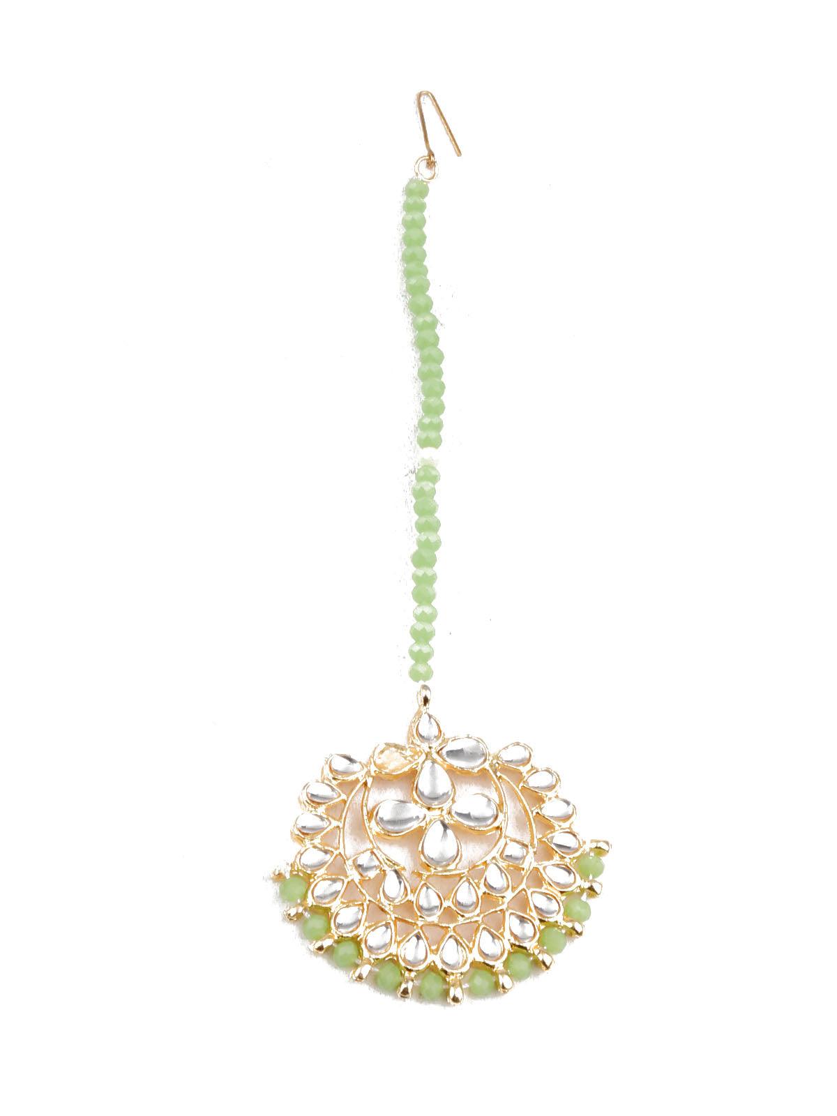 DESIGNER GREEN AND GOLD DANGLER EARRINGS AND MANGTIKA - Rajwada