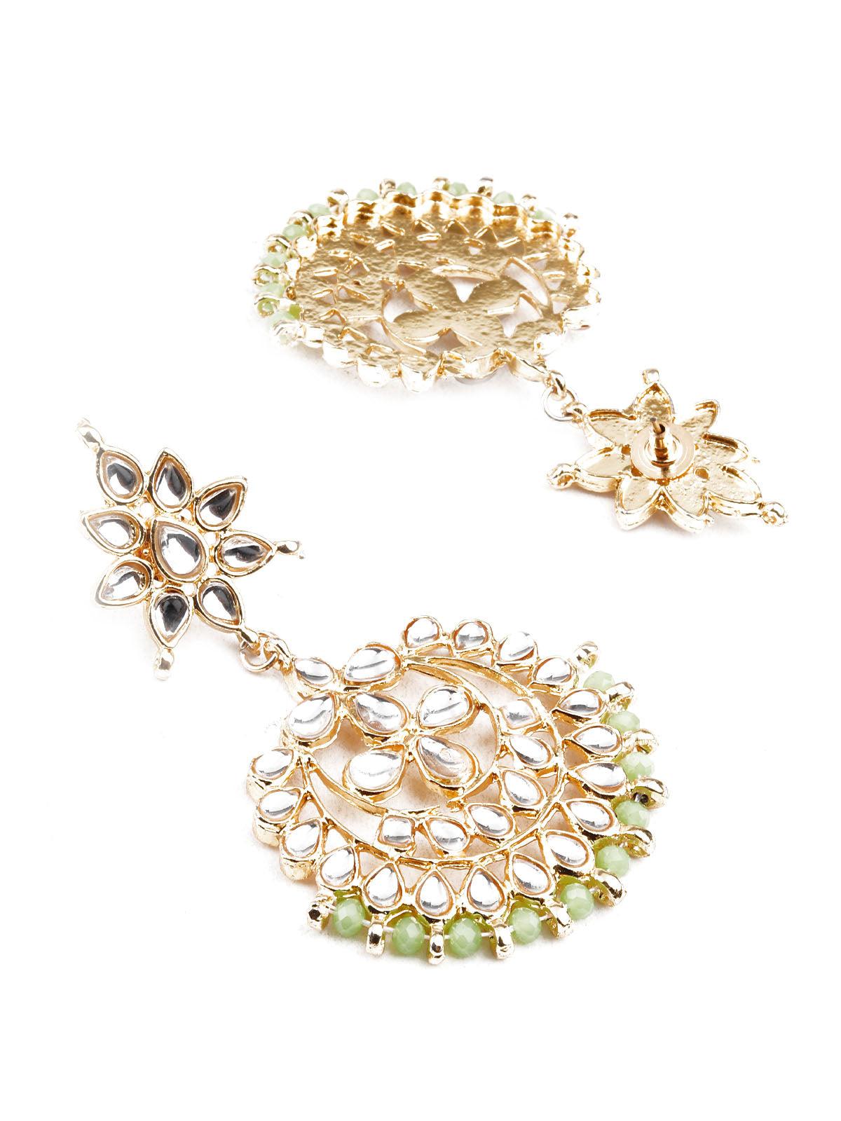 DESIGNER GREEN AND GOLD DANGLER EARRINGS AND MANGTIKA - Rajwada