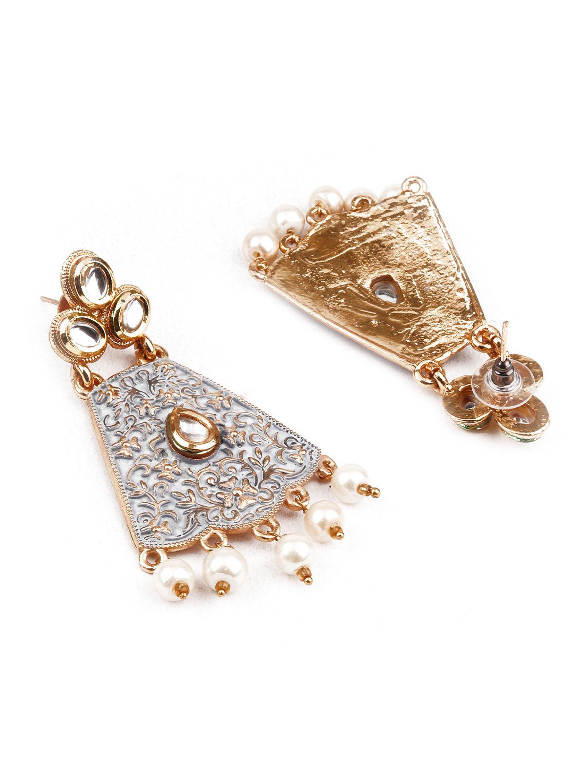 DESIGNER GREY AND GOLD DANGLER EARRINGS - Rajwada