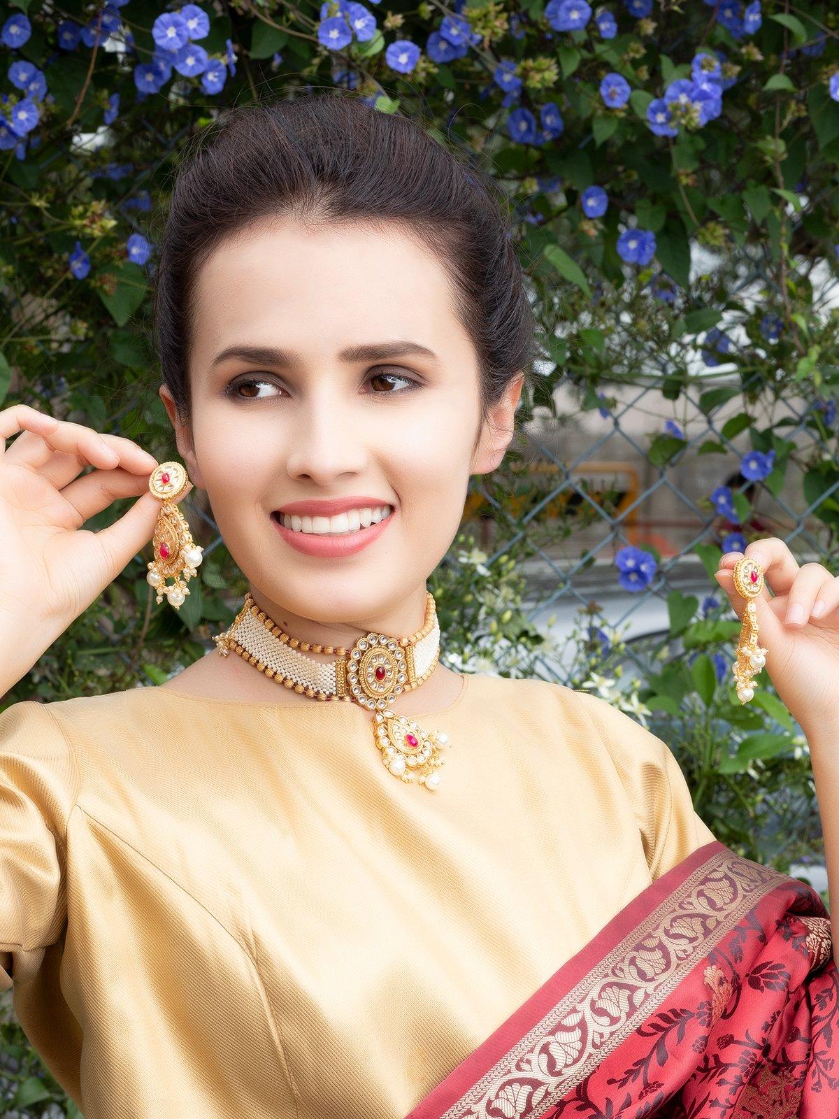 Designer Kundan White Beaded Choker Set - Rajwada