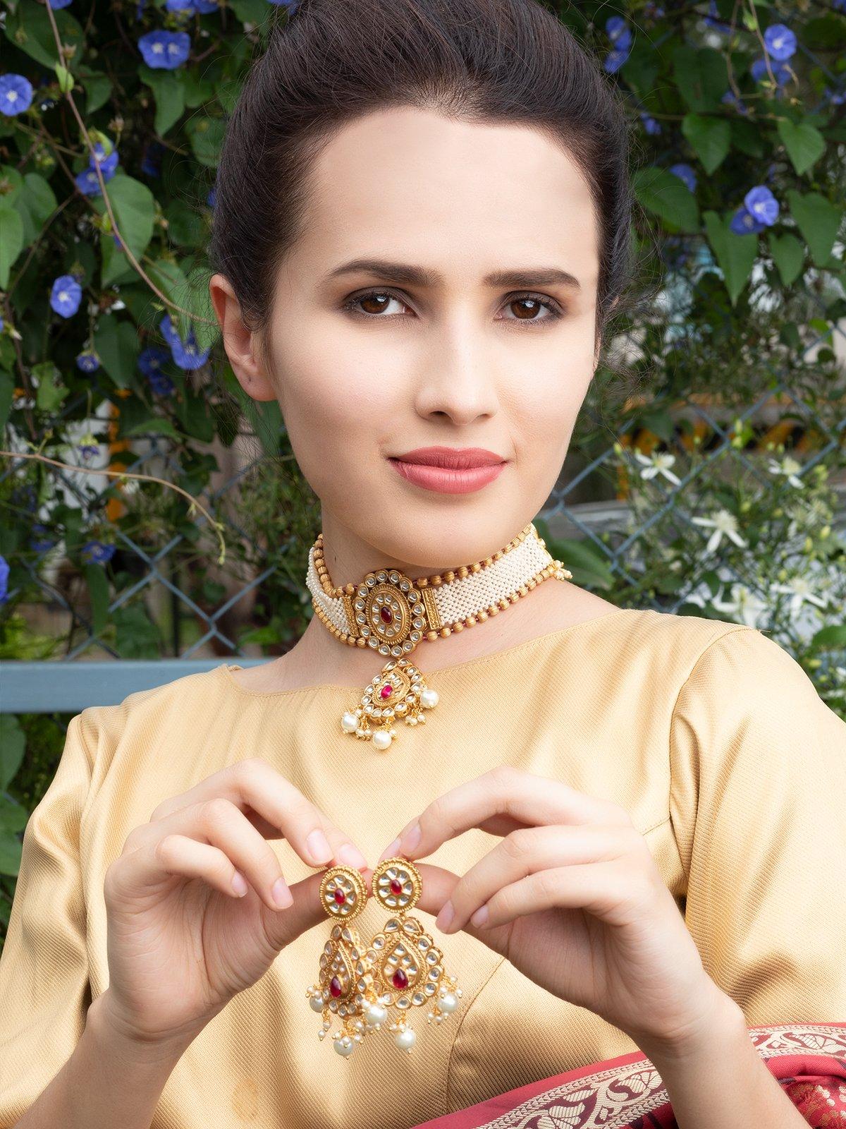 Designer Kundan White Beaded Choker Set - Rajwada