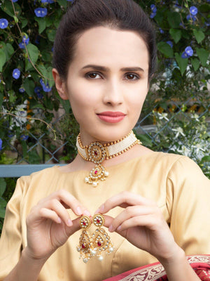 Designer Kundan White Beaded Choker Set - Rajwada