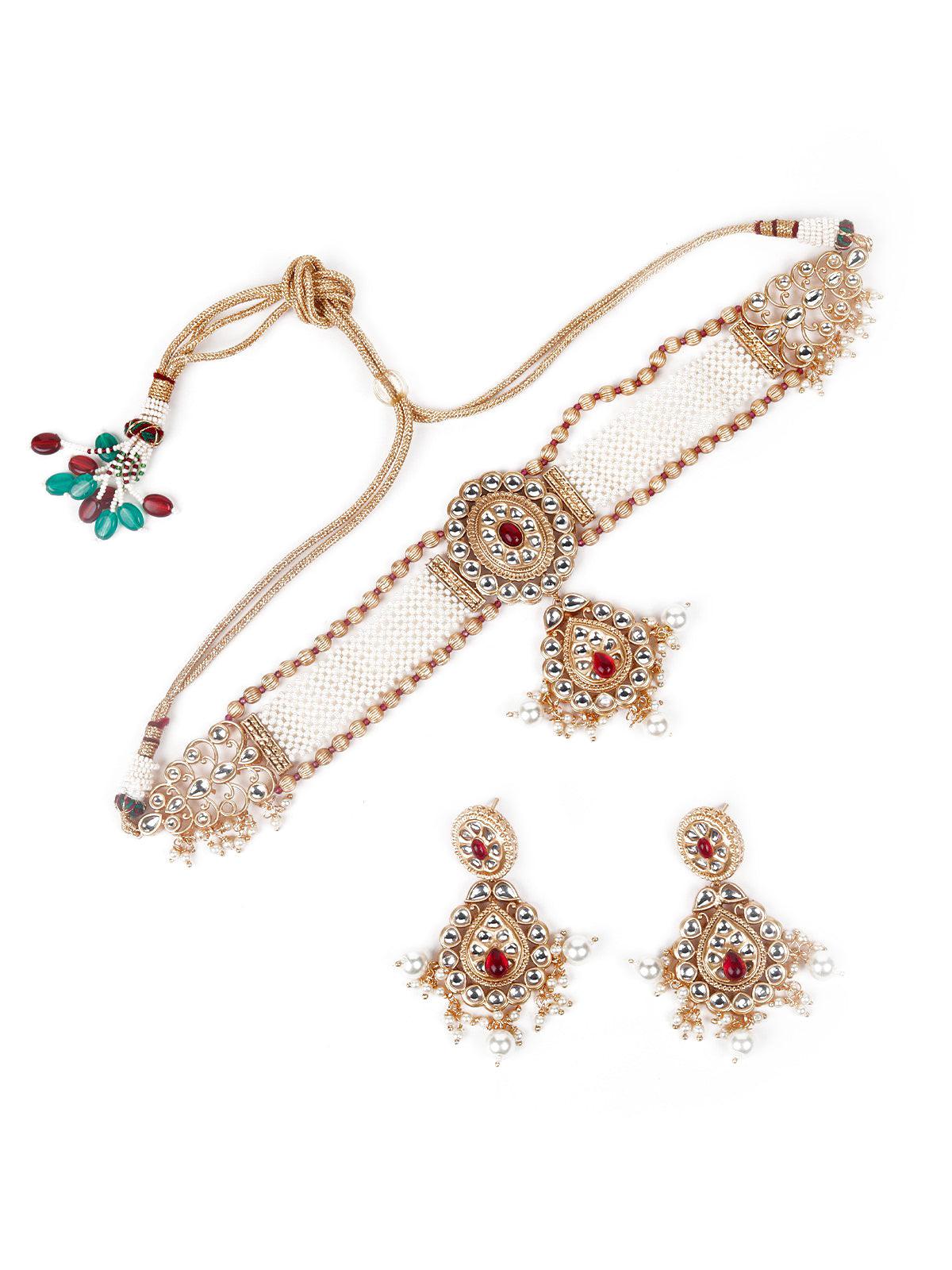 Designer Kundan White Beaded Choker Set - Rajwada