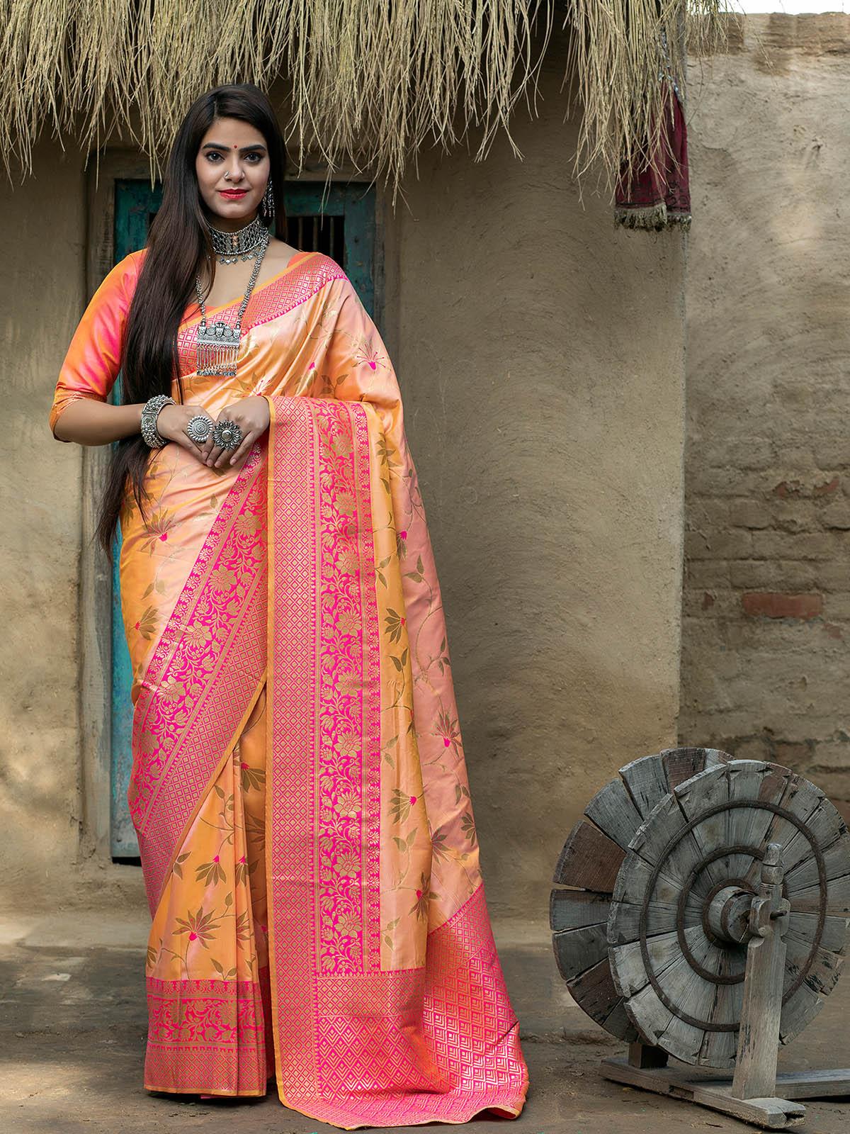 Designer Light Orange Banarasi Silk Saree - Rajwada