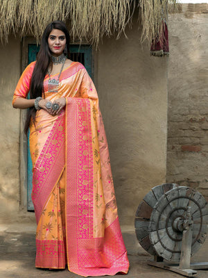 Designer Light Orange Banarasi Silk Saree - Rajwada