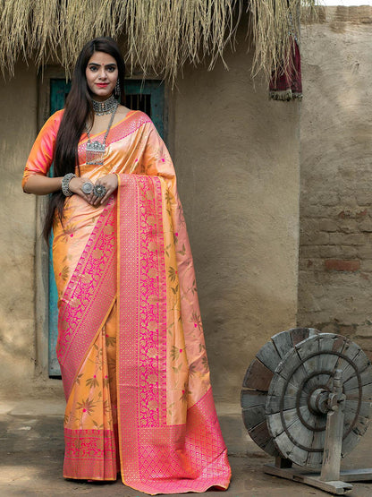 Designer Light Orange Banarasi Silk Saree - Rajwada