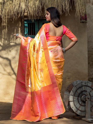 Designer Light Orange Banarasi Silk Saree - Rajwada
