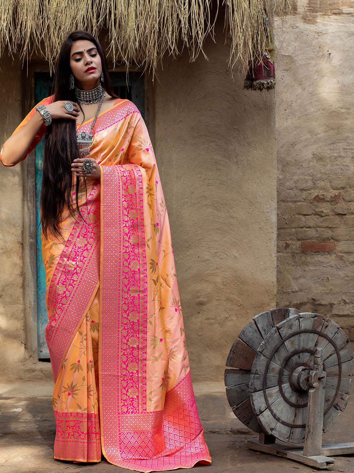 Designer Light Orange Banarasi Silk Saree - Rajwada
