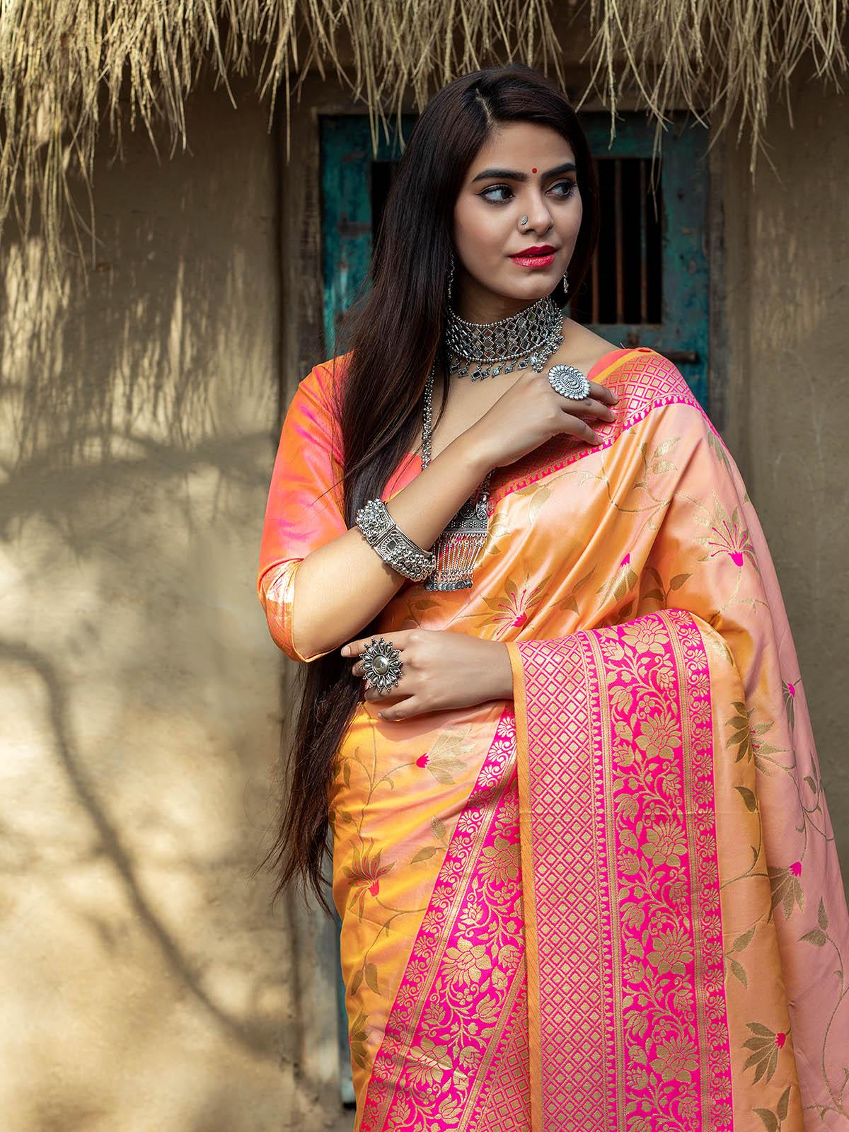 Designer Light Orange Banarasi Silk Saree - Rajwada