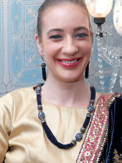 DESIGNER NAVY BLUE BEADS AND STONES LONG NECKLACE SET - Rajwada