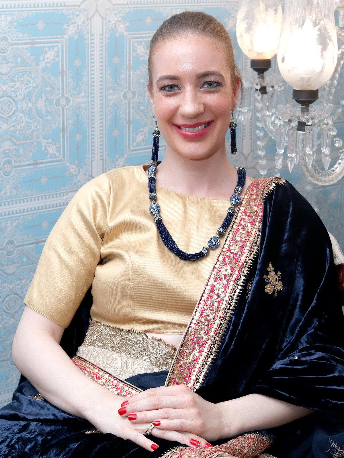 DESIGNER NAVY BLUE BEADS AND STONES LONG NECKLACE SET - Rajwada