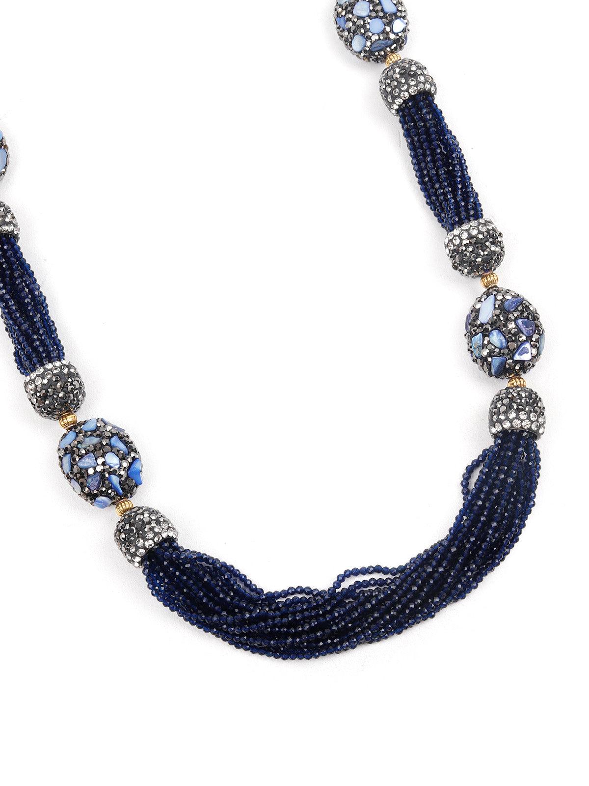 DESIGNER NAVY BLUE BEADS AND STONES LONG NECKLACE SET - Rajwada
