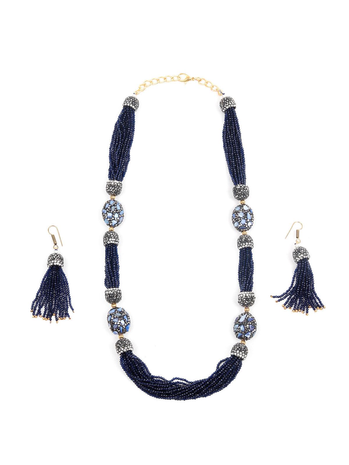 DESIGNER NAVY BLUE BEADS AND STONES LONG NECKLACE SET - Rajwada