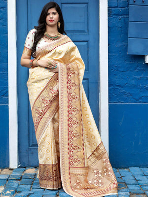 Designer Off White Banarasi Silk Saree - Rajwada