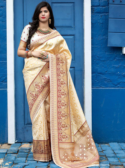 Designer Off White Banarasi Silk Saree - Rajwada