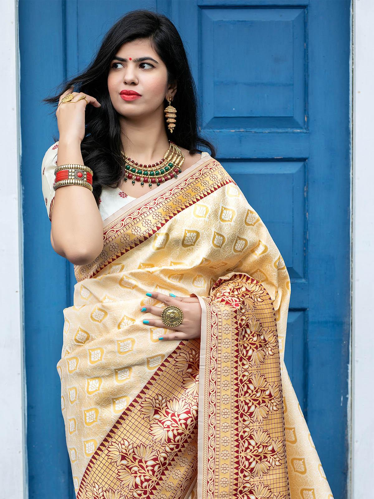 Designer Off White Banarasi Silk Saree - Rajwada