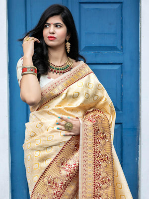 Designer Off White Banarasi Silk Saree - Rajwada
